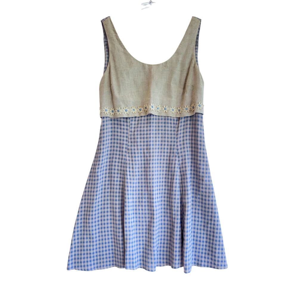 Vintage Blue Gingham Dress Sleeveless Cottagecore Prairie Floral Trim 9 summer